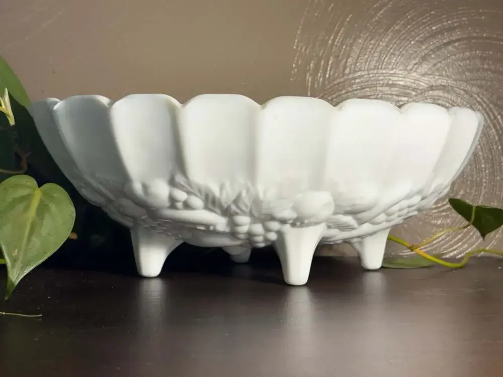 Vintage Milk Glass Pedestal Bowl Octagonal Scalloped Rim Grape Leaf Fruit Design